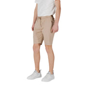 Tan drawstring shorts made of beige cotton with a drawstring waist and subtle side pockets for casual wear