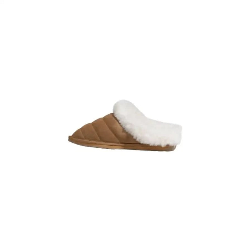 Tan quilted slipper with white faux fur trim from Emu Australia Women’s Leather Shoes