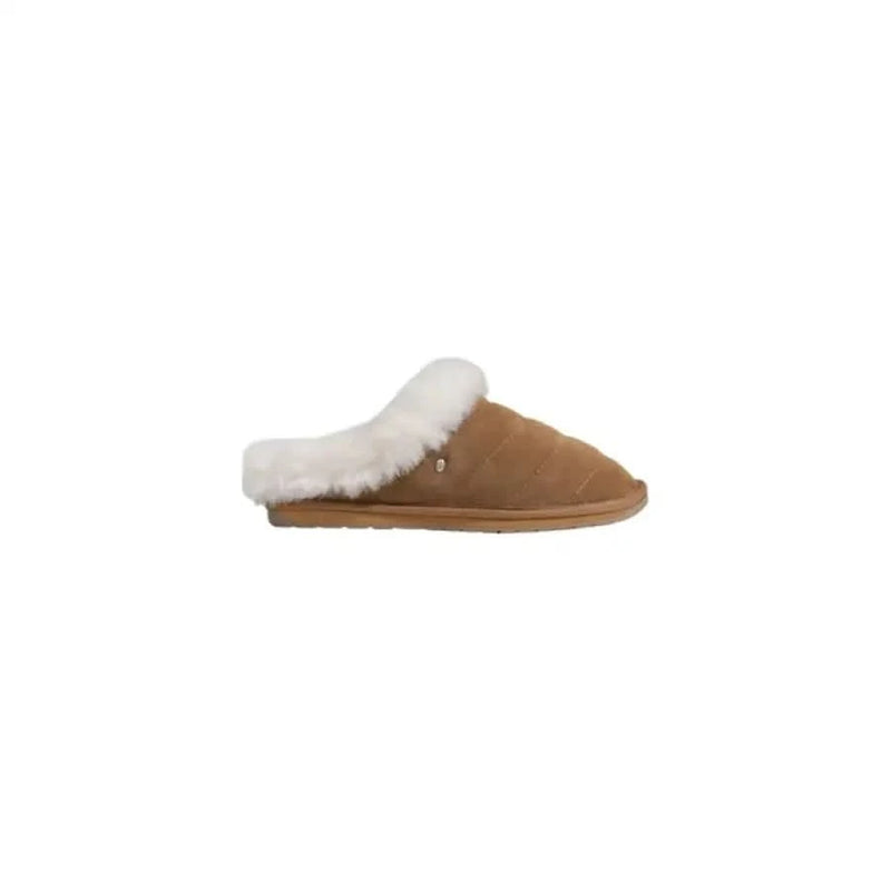 Tan suede slipper with white faux fur trim from Emu Australia Women’s Leather Shoes