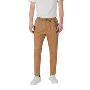 Navy Blue Drawstring Trousers with Tan design shown on a model