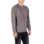 Taupe patterned crewneck sweater displayed in the product listing