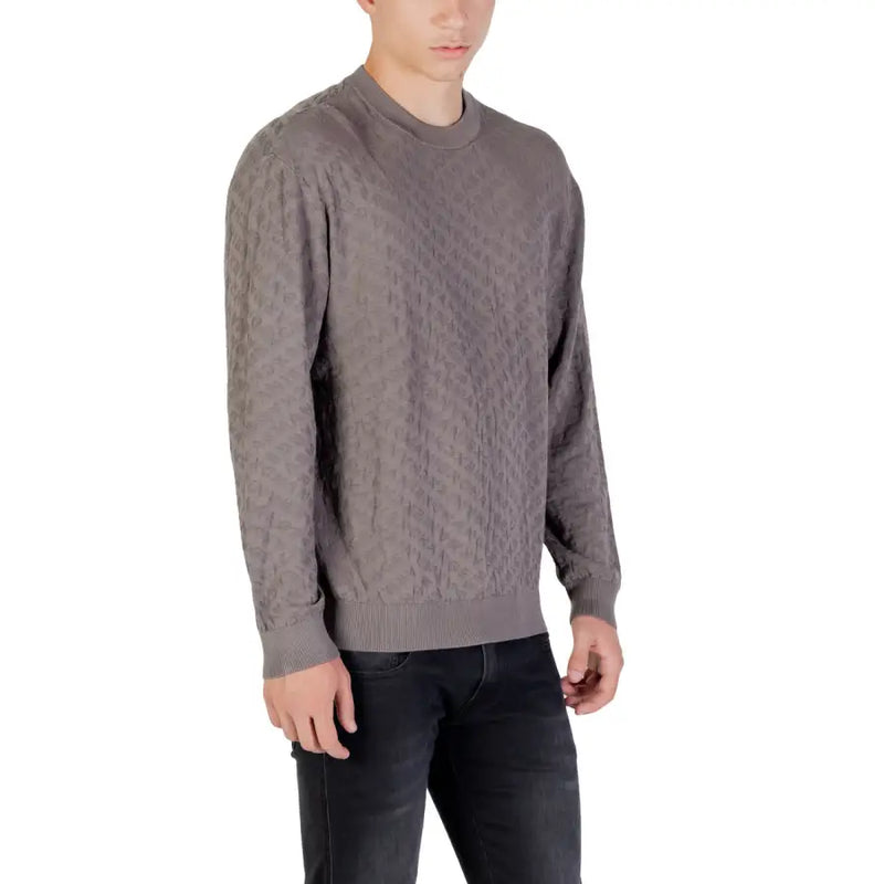 Taupe patterned crewneck sweater displayed in the product listing