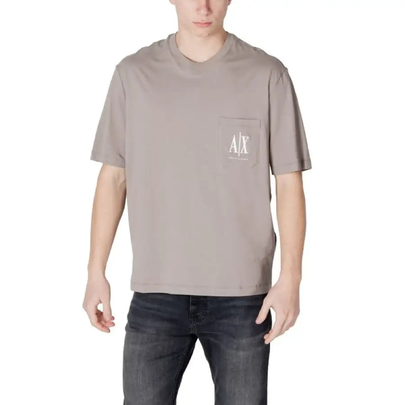 Taupe t-shirt with pocket from Armani Exchange Men Black Cotton T-shirt Round Neck