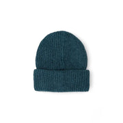 Teal knit beanie made of ribbed knit fabric with a folded cuff for a comfortable fit