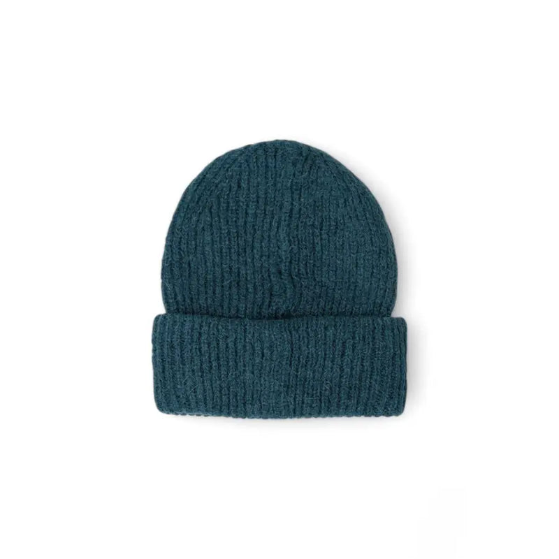 Teal knit beanie made of ribbed knit fabric with a folded cuff for a comfortable fit