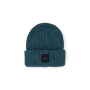 Teal ribbed knit beanie with folded cuff and black Calvin Klein logo patch made of soft knit fabric