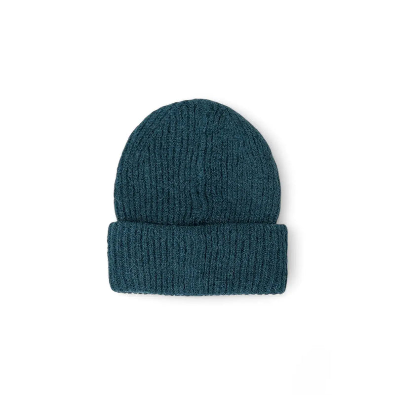Teal knit beanie made of ribbed knit fabric with a folded cuff for a comfortable fit