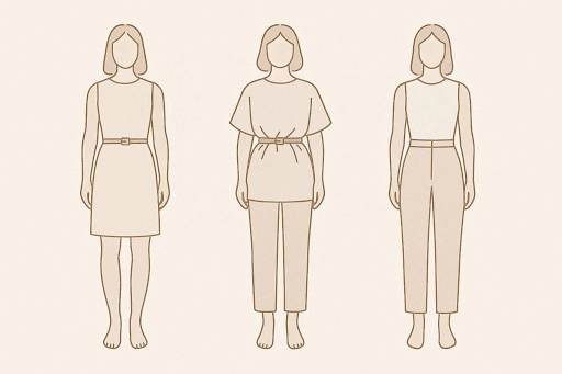 Shift-Kleid und oversized Oberteil, die zeigen, warum Gürtel rechteckige Körperformen nicht schmeicheln