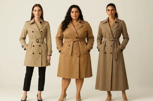 Women with different body shapes wearing various trench coat lengths to highlight fit and proportions