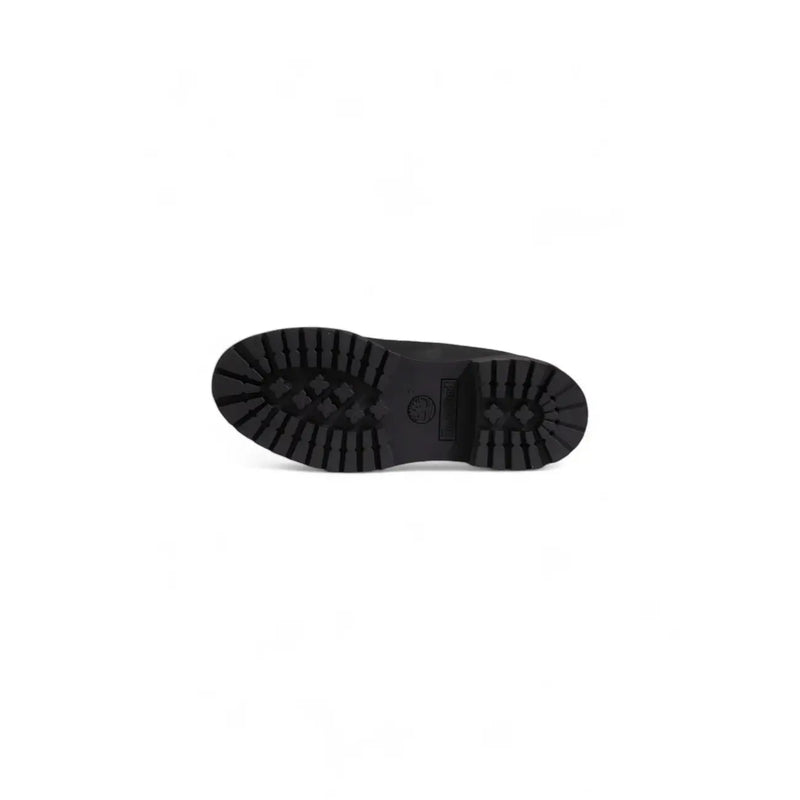 Black timberland men’s leather lace up boot sole with rugged tread pattern and visible brand logo