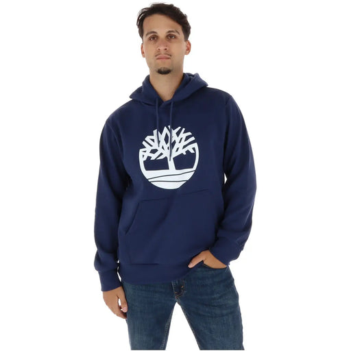 Navy blue Timberland men cotton hoodie sweatshirt with a white tree logo on the chest for casual wear
