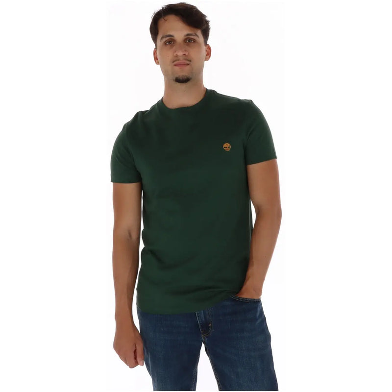 Dark green Timberland cotton crew neck t shirt with short sleeves and small gold logo on left chest