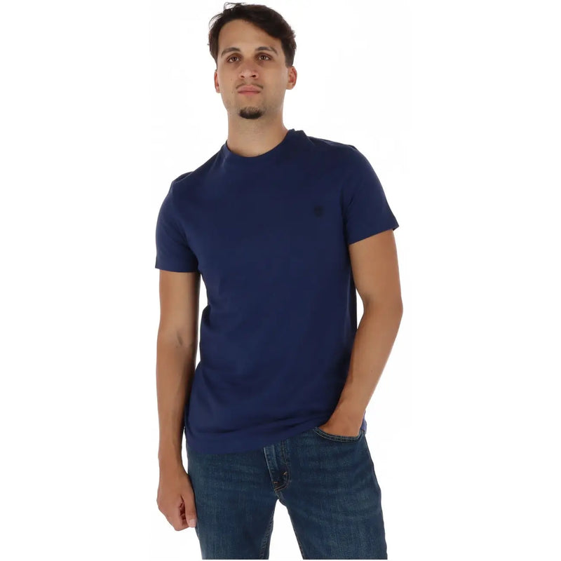 Navy blue crew neck Timberland men short sleeve cotton t shirt with small embroidered logo on left chest