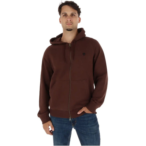 Timberland men brown cotton zip hoodie sweatshirt featuring dark brown color, small black chest logo, and front pockets