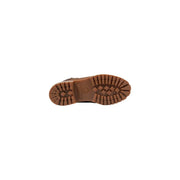 Back view of timberland men brown leather ankle boots featuring a brown rubber sole with diamond-patterned tread and logo embossed on the heel