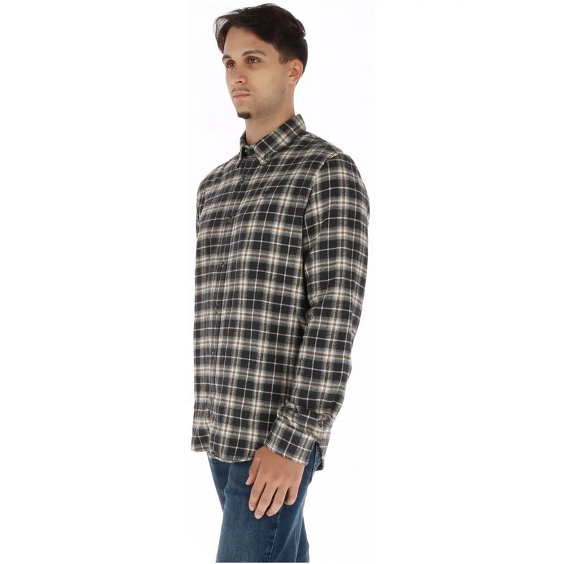 Timberland men checked cotton shirt in black and white plaid with long sleeves and button-up front design
