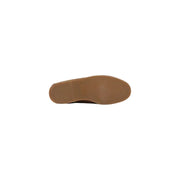 Back view of timberland men classic boat leather moccasin brown shoe with tan rubber sole and embossed logo on heel
