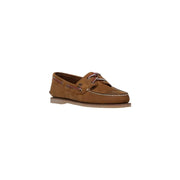 Timberland men classic boat leather moccasin in tan suede with brown laces and contrasting stitching