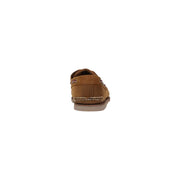 Timberland men classic boat leather moccasin brown shoe in tan suede with white stitching and light brown rubber sole