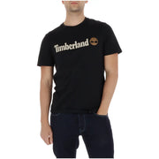 Black Timberland men t-shirt with cream-colored logo and tree emblem on the chest in cotton fabric