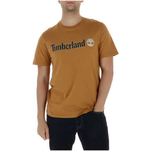 Tan Timberland men t-shirt featuring black lettering and a white tree emblem on the chest in cotton material
