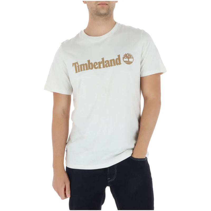 White Timberland men t-shirt featuring a gold-colored logo and tree emblem across the chest