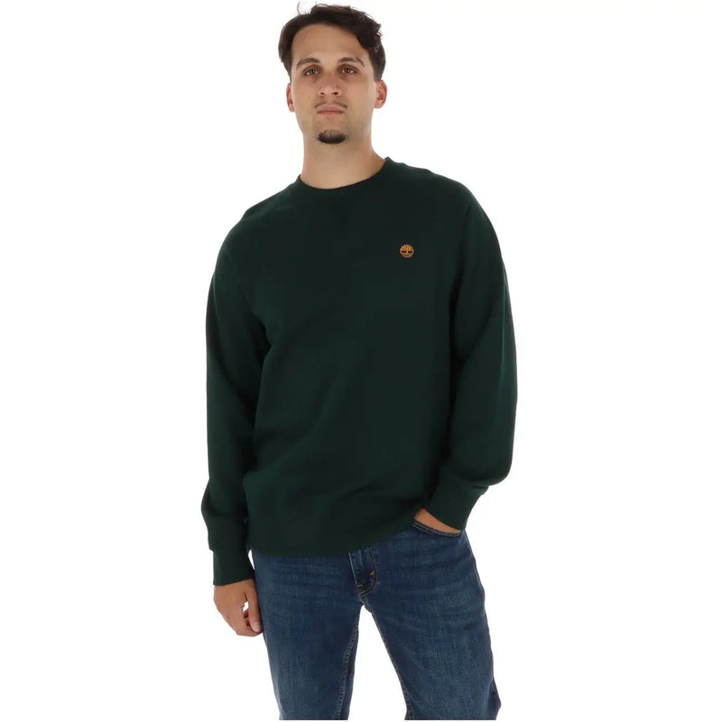 Timberland Herren-Sweatshirt aus grüner Baumwolle mit Rundhalsausschnitt und kleinem, dunkelgrün gesticktem Logo auf der linken Brust.
