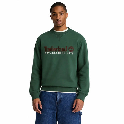 Timberland men green cotton sweatshirt featuring dark green color and brown white logo across the chest