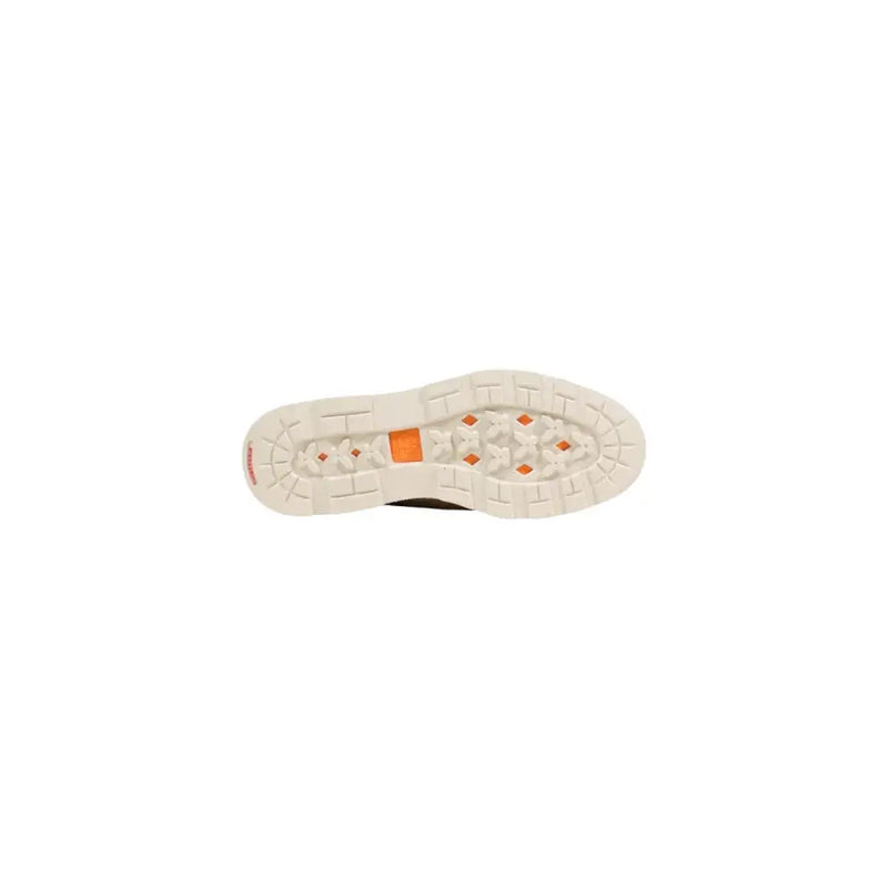 Timberland men lace up beige suede shoes with white rubber sole featuring orange diamond accents and textured tread