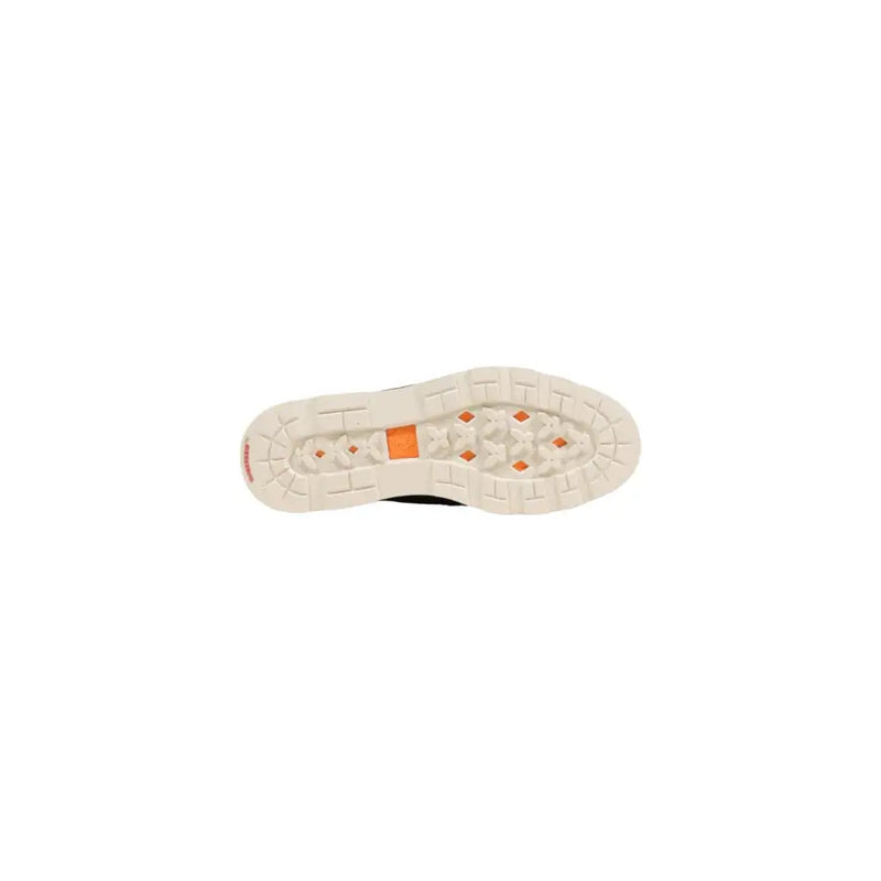 Timberland men lace ups shoes with brown suede upper and white rubber sole featuring orange diamond accents