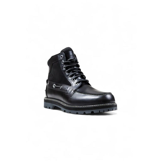Timberland men leather boots black ankle footwear with black leather lace-up design rugged sole and stitched detailing