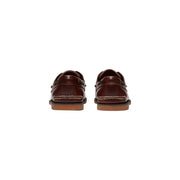 Brown leather Timberland men moccasin shoes with contrasting tan stitching and rubber sole article tb025077214