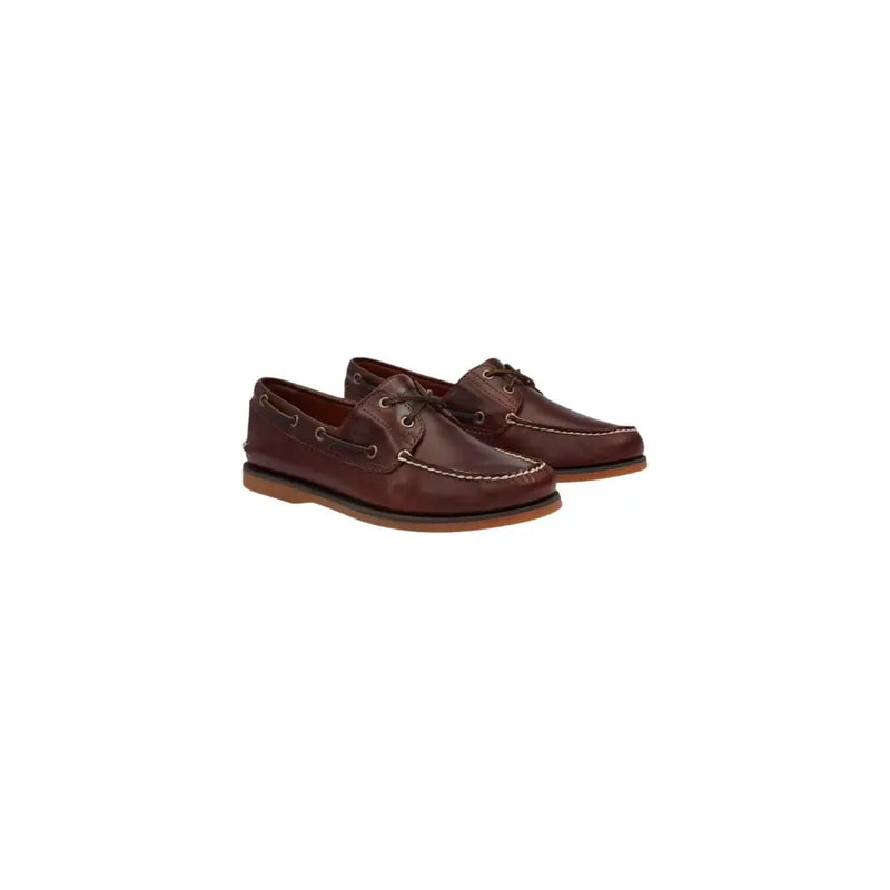 Timberland men leather moccasin boat shoes brown with contrasting white stitching and dark laces