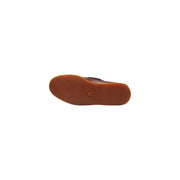 Timberland men leather moccasin shoe in brown showing the back with tan rubber sole and embossed brand logo on heel