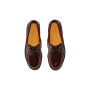 Timberland men leather moccasin shoes brown with contrasting white stitching and tan insoles in boat shoe style