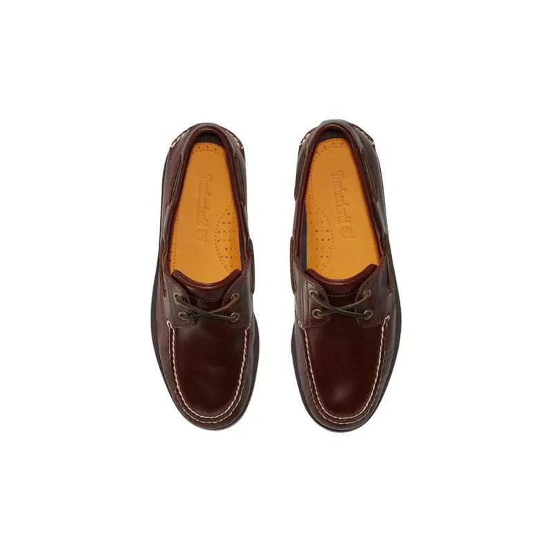 Timberland men leather moccasin shoes brown with contrasting white stitching and tan insoles in boat shoe style