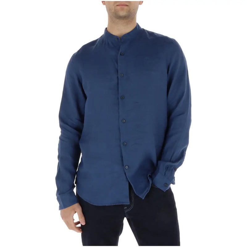 Navy blue linen button-down shirt with mandarin collar and rolled-up sleeves by Timberland men shirt