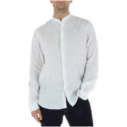Timberland men shirt in white linen with mandarin collar and subtle chest embroidery for stylish comfort