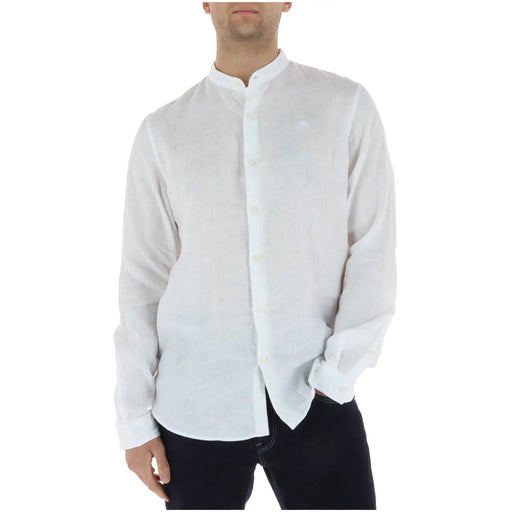 Timberland men shirt in white linen with mandarin collar and subtle chest embroidery for stylish comfort