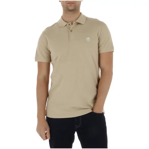 Timberland Herren-Poloshirt, beige, kurzärmelig, aus Baumwolle, mit dezentem, gesticktem Logo auf der Brust