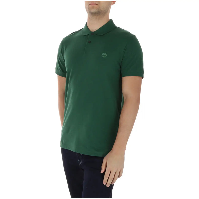 Dark green Timberland men polo shirt with short sleeves cotton elastane fabric and subtle chest embroidered logo
