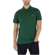 Dark green Timberland men polo shirt with short sleeves cotton elastane featuring subtle embroidered logo on chest