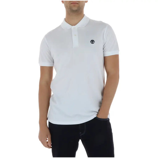 Weiß Timberland Herren-Poloshirt mit klassischem Kragen, kurzen Ärmeln, aus dehnbarem Baumwollgewebe und gesticktem Logo