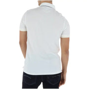 Timberland men polo white short sleeve 100 percent cotton shirt with subtle navy trim on collar and sleeve cuffs