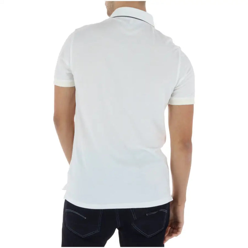 Timberland men polo white short sleeve 100 percent cotton shirt with subtle navy trim on collar and sleeve cuffs