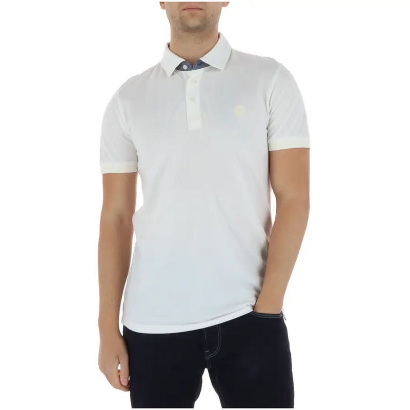 Timberland men polo white short sleeve with subtle textured weave 100 percent cotton navy inner collar cuffs