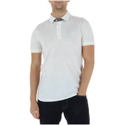 Timberland men polo white short sleeve with subtle textured weave 100 percent cotton navy inner collar cuffs