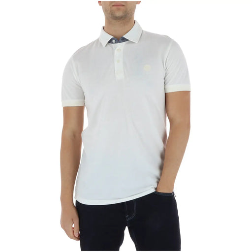 Timberland men polo white short sleeve with subtle textured weave 100 percent cotton navy inner collar cuffs