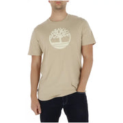 Beige Timberland men t-shirt made of timber with a white tree logo on the chest for casual wear