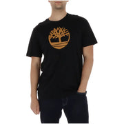 Black Timberland men t-shirt featuring a prominent orange tree logo on the chest made of comfortable fabric